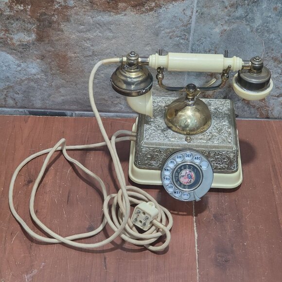 Vintage French Victorian Style Cream & Gold Rotary Dial Cradle Phone Desk Teleph - Picture 14 of 15